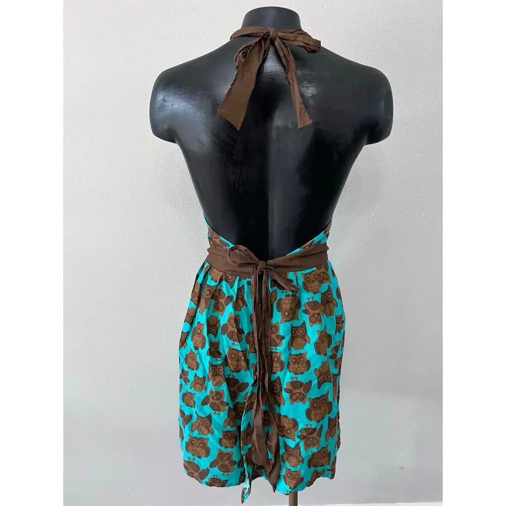 Owls‎ Apron Sz L Teal/Brown Faux Pearls 133194 Vintage 50s 60s Preppy